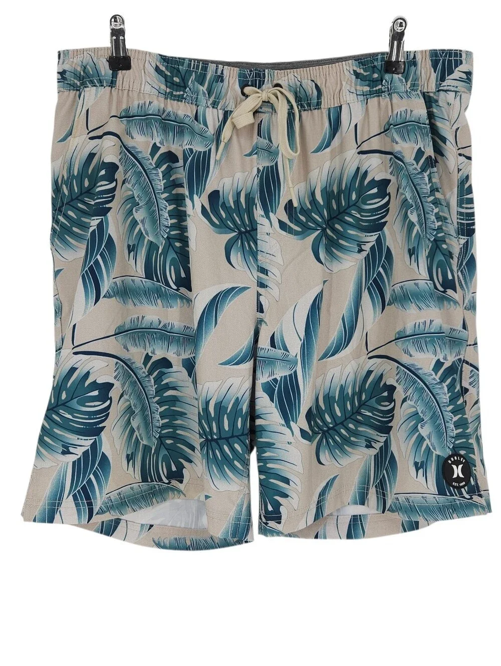 Hurley Swim Trunks Beige Tropical Leaf Drawstring Lined Board Shorts Mens 2XL